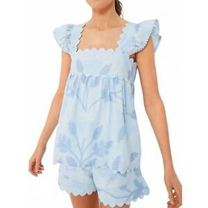 NEW JULIET DUNN baby doll top with bellflower block print in pale blue